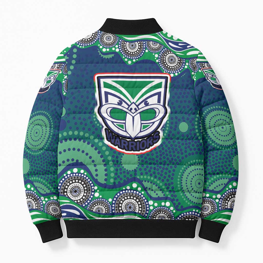 New Zealand Warriors Bomber Puffer Jacket Aboriginal Dot Pattern - Rugby Mascot Heritage Pride