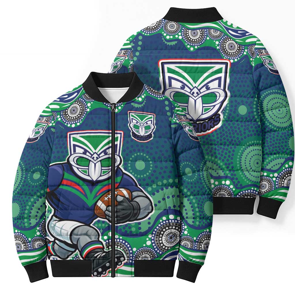 New Zealand Warriors Bomber Puffer Jacket Aboriginal Dot Pattern - Rugby Mascot Heritage Pride
