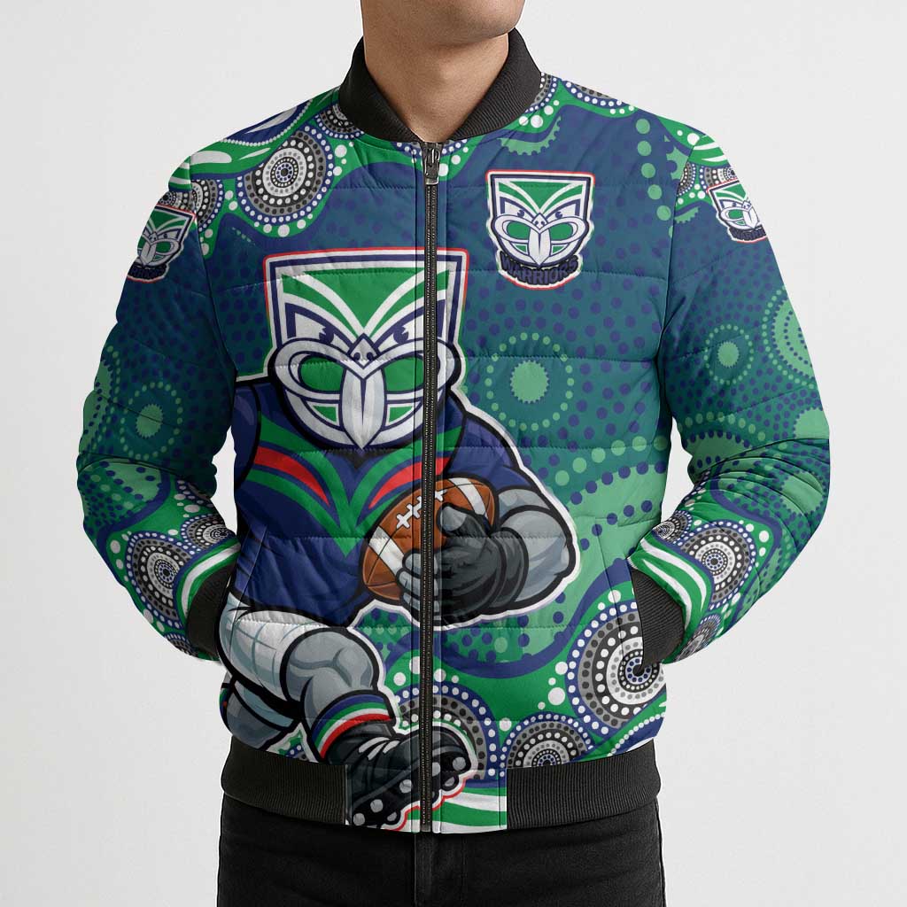 New Zealand Warriors Bomber Puffer Jacket Aboriginal Dot Pattern - Rugby Mascot Heritage Pride