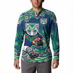 New Zealand Warriors Button Sweatshirt Aboriginal Dot Pattern - Rugby Mascot Heritage Pride