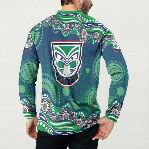 New Zealand Warriors Button Sweatshirt Aboriginal Dot Pattern - Rugby Mascot Heritage Pride