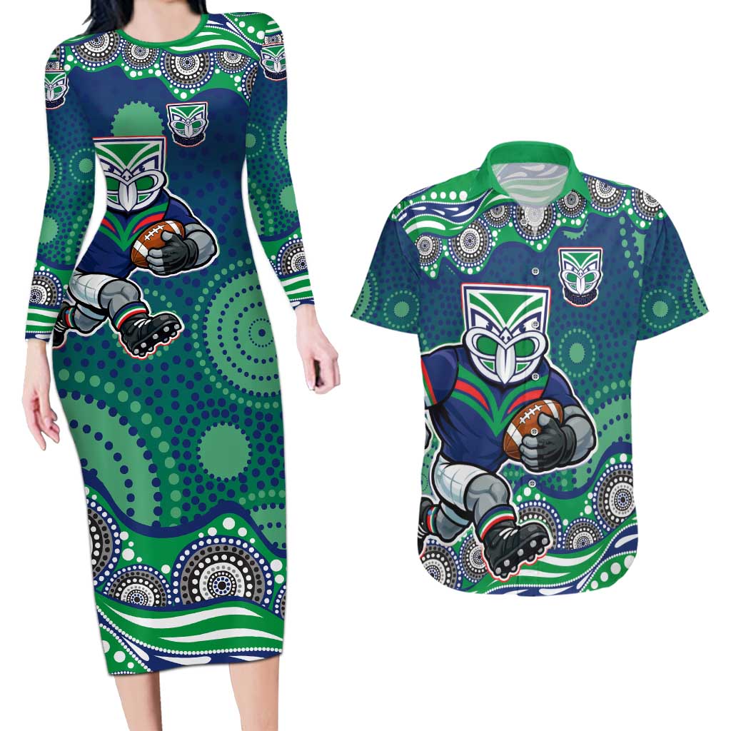 New Zealand Warriors Couples Matching Long Sleeve Bodycon Dress and Hawaiian Shirt Aboriginal Dot Pattern - Rugby Mascot Heritage Pride