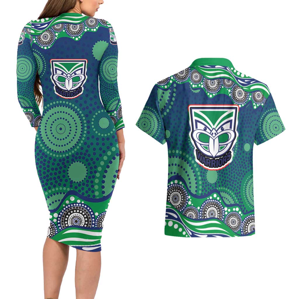 New Zealand Warriors Couples Matching Long Sleeve Bodycon Dress and Hawaiian Shirt Aboriginal Dot Pattern - Rugby Mascot Heritage Pride