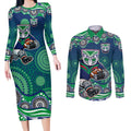 New Zealand Warriors Couples Matching Long Sleeve Bodycon Dress and Long Sleeve Button Shirt Aboriginal Dot Pattern - Rugby Mascot Heritage Pride