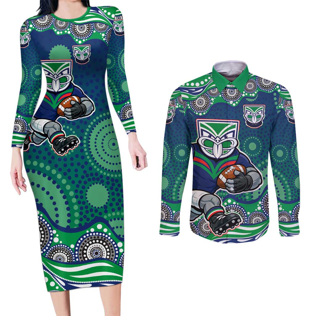 New Zealand Warriors Couples Matching Long Sleeve Bodycon Dress and Long Sleeve Button Shirt Aboriginal Dot Pattern - Rugby Mascot Heritage Pride