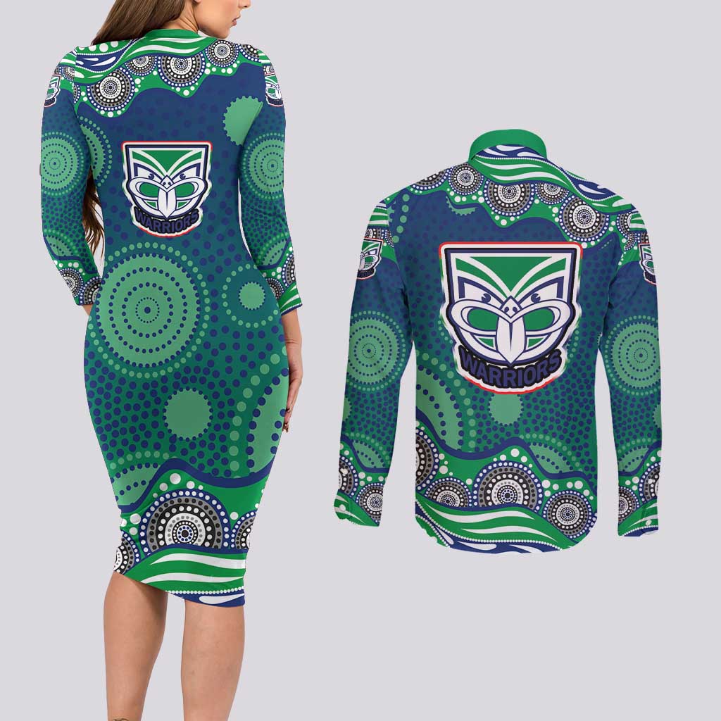 New Zealand Warriors Couples Matching Long Sleeve Bodycon Dress and Long Sleeve Button Shirt Aboriginal Dot Pattern - Rugby Mascot Heritage Pride