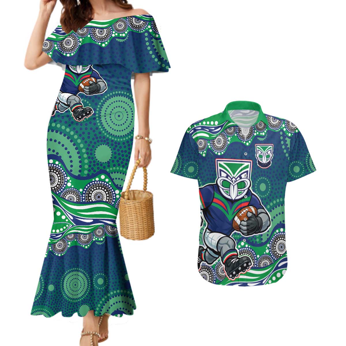 New Zealand Warriors Couples Matching Mermaid Dress and Hawaiian Shirt Aboriginal Dot Pattern - Rugby Mascot Heritage Pride