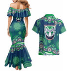 New Zealand Warriors Couples Matching Mermaid Dress and Hawaiian Shirt Aboriginal Dot Pattern - Rugby Mascot Heritage Pride