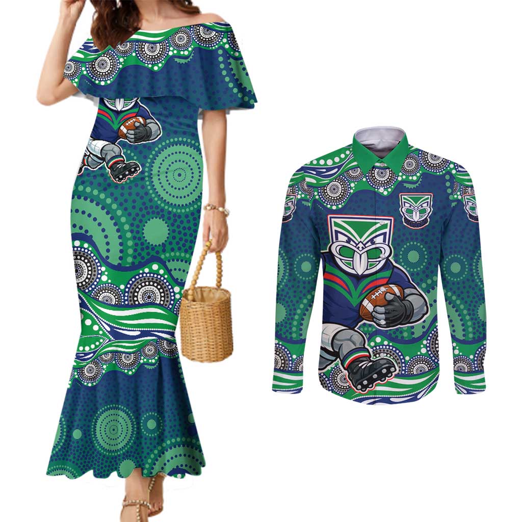 New Zealand Warriors Couples Matching Mermaid Dress and Long Sleeve Button Shirt Aboriginal Dot Pattern - Rugby Mascot Heritage Pride