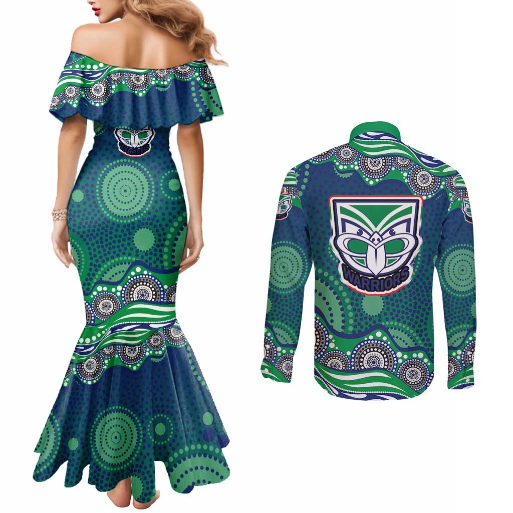 New Zealand Warriors Couples Matching Mermaid Dress and Long Sleeve Button Shirt Aboriginal Dot Pattern - Rugby Mascot Heritage Pride