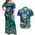 New Zealand Warriors Couples Matching Off Shoulder Maxi Dress and Hawaiian Shirt Aboriginal Dot Pattern - Rugby Mascot Heritage Pride