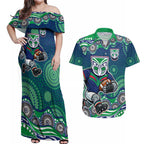 New Zealand Warriors Couples Matching Off Shoulder Maxi Dress and Hawaiian Shirt Aboriginal Dot Pattern - Rugby Mascot Heritage Pride