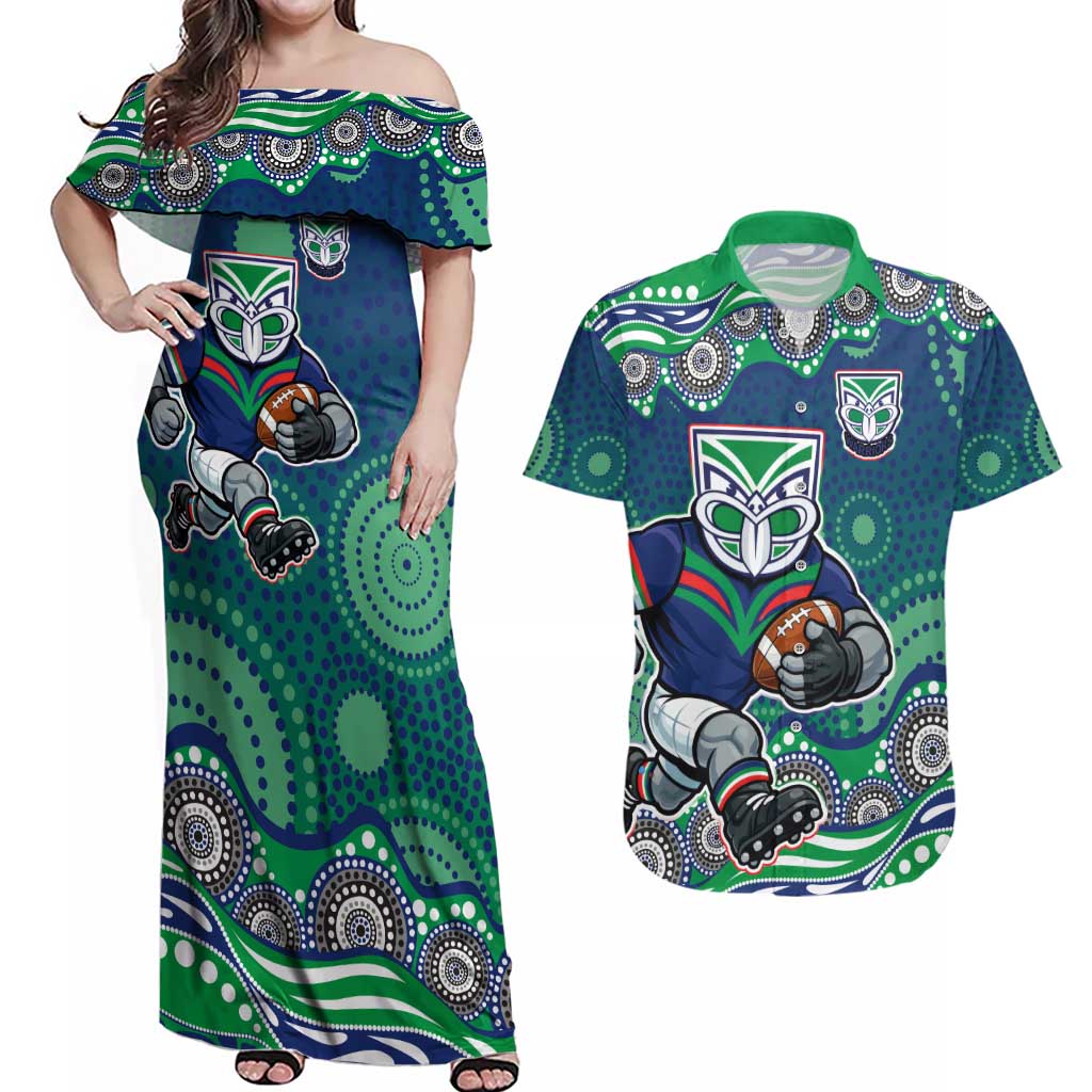 New Zealand Warriors Couples Matching Off Shoulder Maxi Dress and Hawaiian Shirt Aboriginal Dot Pattern - Rugby Mascot Heritage Pride