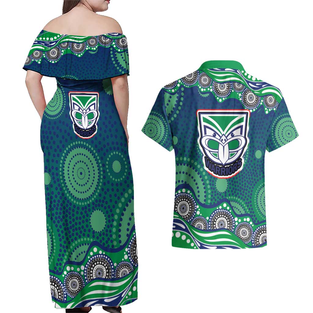 New Zealand Warriors Couples Matching Off Shoulder Maxi Dress and Hawaiian Shirt Aboriginal Dot Pattern - Rugby Mascot Heritage Pride