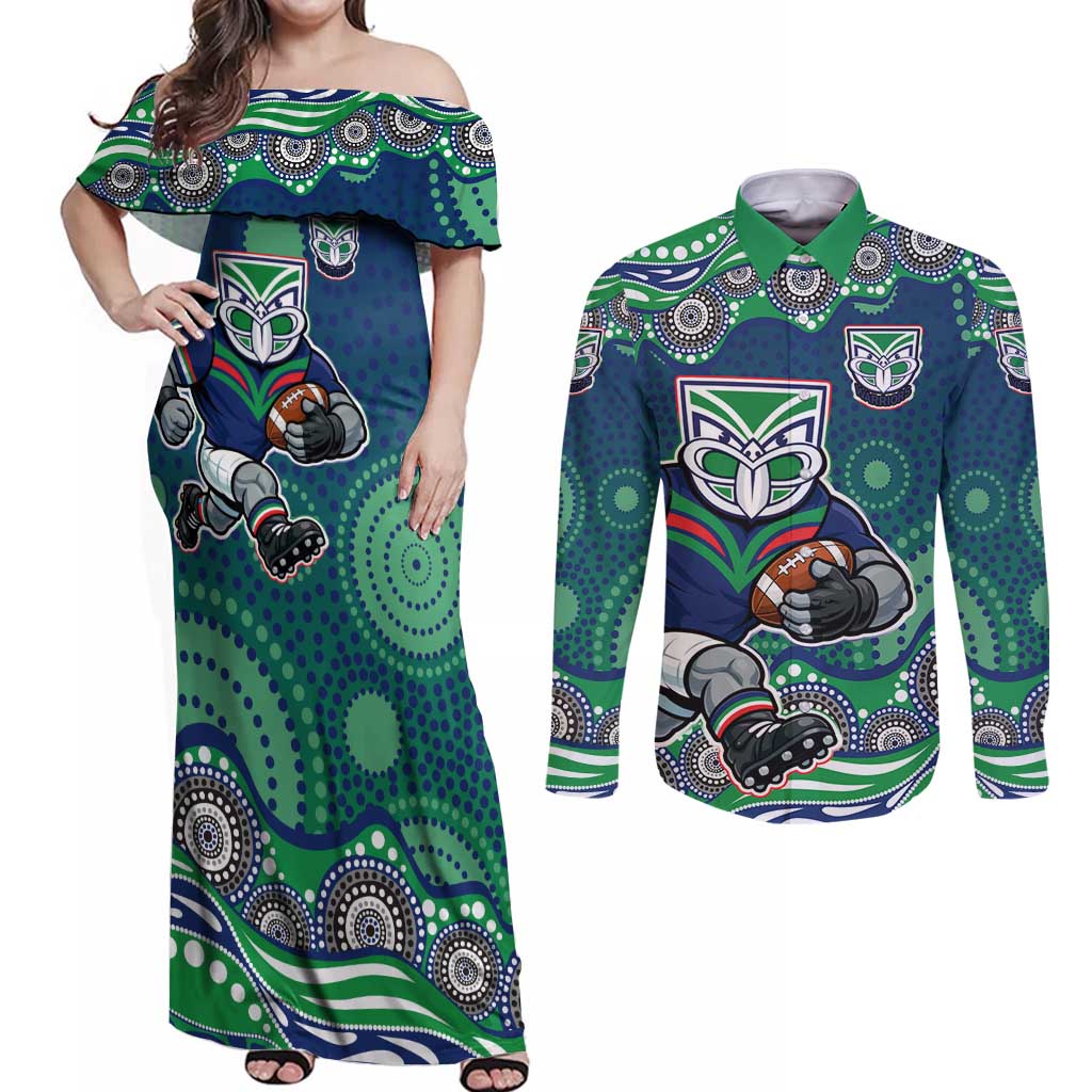 New Zealand Warriors Couples Matching Off Shoulder Maxi Dress and Long Sleeve Button Shirt Aboriginal Dot Pattern - Rugby Mascot Heritage Pride