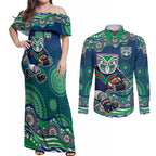 New Zealand Warriors Couples Matching Off Shoulder Maxi Dress and Long Sleeve Button Shirt Aboriginal Dot Pattern - Rugby Mascot Heritage Pride