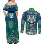 New Zealand Warriors Couples Matching Off Shoulder Maxi Dress and Long Sleeve Button Shirt Aboriginal Dot Pattern - Rugby Mascot Heritage Pride