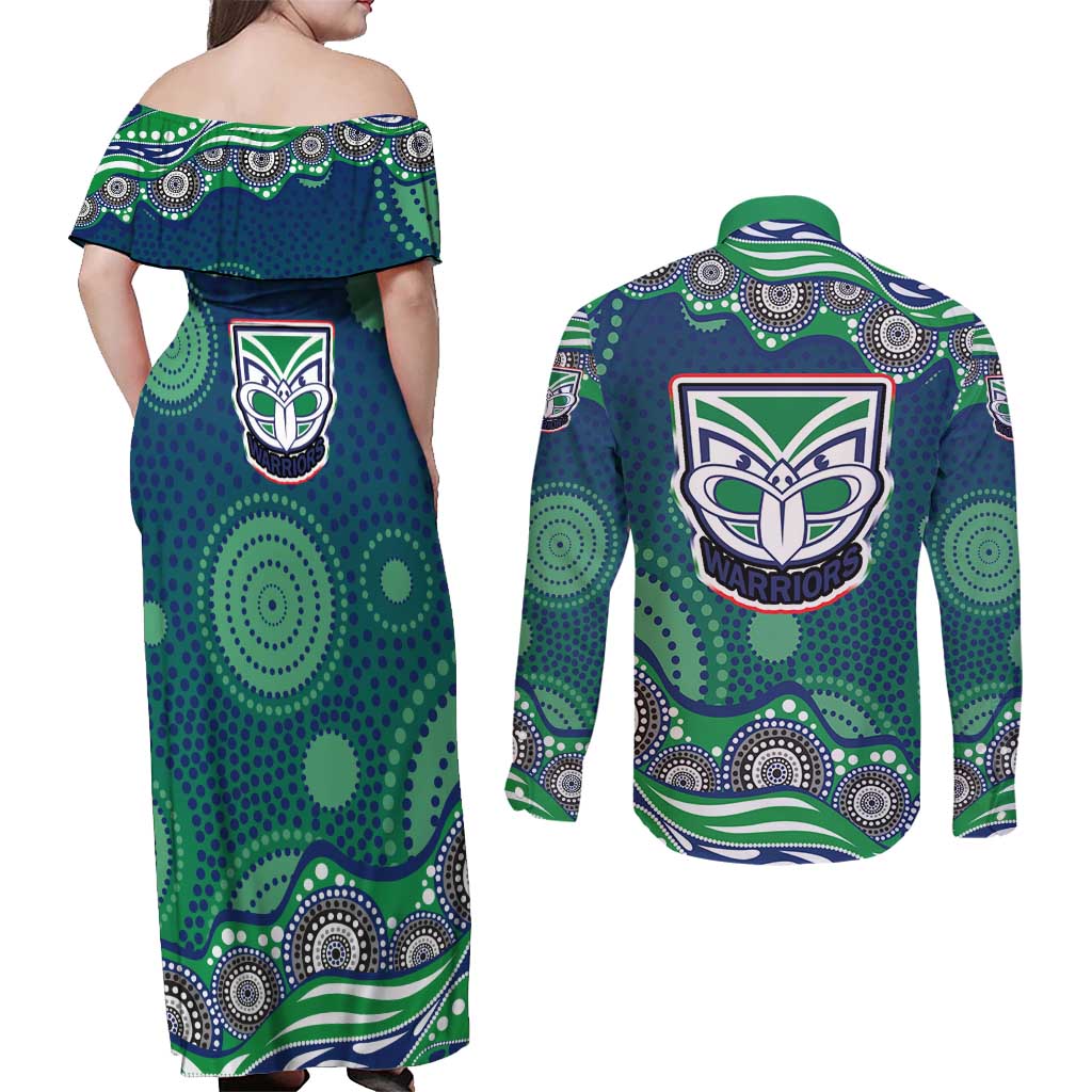 New Zealand Warriors Couples Matching Off Shoulder Maxi Dress and Long Sleeve Button Shirt Aboriginal Dot Pattern - Rugby Mascot Heritage Pride
