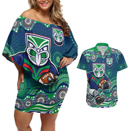 New Zealand Warriors Couples Matching Off Shoulder Short Dress and Hawaiian Shirt Aboriginal Dot Pattern - Rugby Mascot Heritage Pride