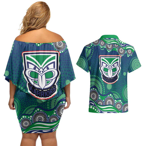 New Zealand Warriors Couples Matching Off Shoulder Short Dress and Hawaiian Shirt Aboriginal Dot Pattern - Rugby Mascot Heritage Pride