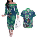New Zealand Warriors Couples Matching Off The Shoulder Long Sleeve Dress and Hawaiian Shirt Aboriginal Dot Pattern - Rugby Mascot Heritage Pride