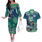 New Zealand Warriors Couples Matching Off The Shoulder Long Sleeve Dress and Hawaiian Shirt Aboriginal Dot Pattern - Rugby Mascot Heritage Pride