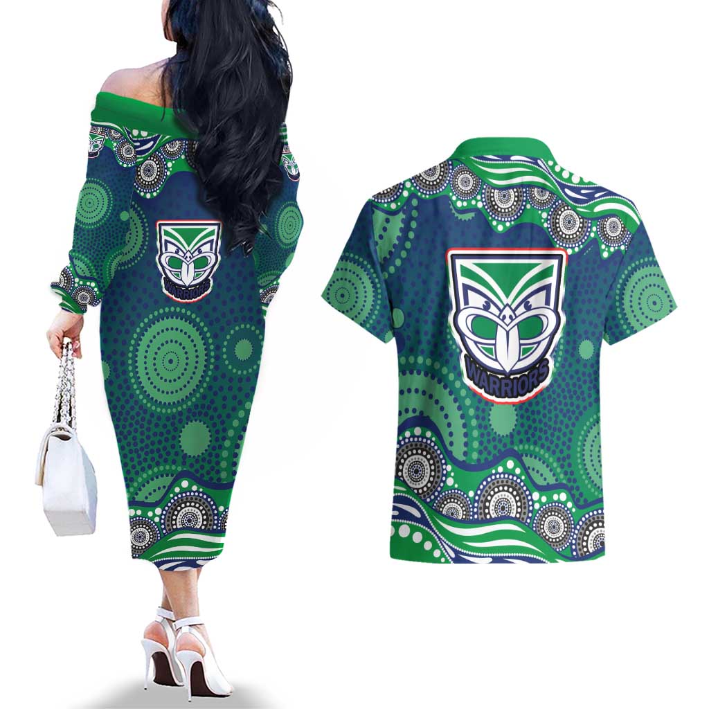New Zealand Warriors Couples Matching Off The Shoulder Long Sleeve Dress and Hawaiian Shirt Aboriginal Dot Pattern - Rugby Mascot Heritage Pride