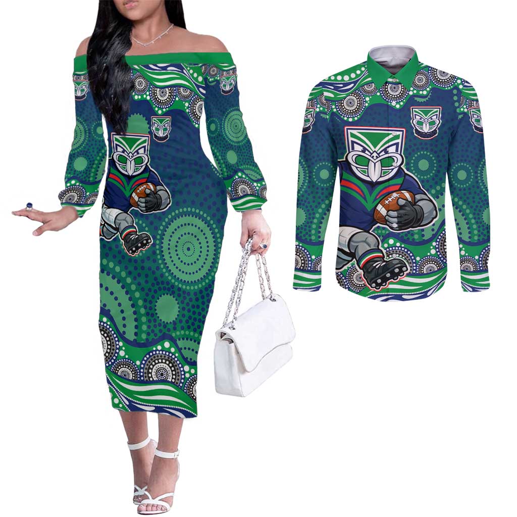 New Zealand Warriors Couples Matching Off The Shoulder Long Sleeve Dress and Long Sleeve Button Shirt Aboriginal Dot Pattern - Rugby Mascot Heritage Pride