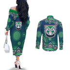 New Zealand Warriors Couples Matching Off The Shoulder Long Sleeve Dress and Long Sleeve Button Shirt Aboriginal Dot Pattern - Rugby Mascot Heritage Pride