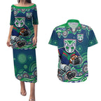 New Zealand Warriors Couples Matching Puletasi and Hawaiian Shirt Aboriginal Dot Pattern - Rugby Mascot Heritage Pride