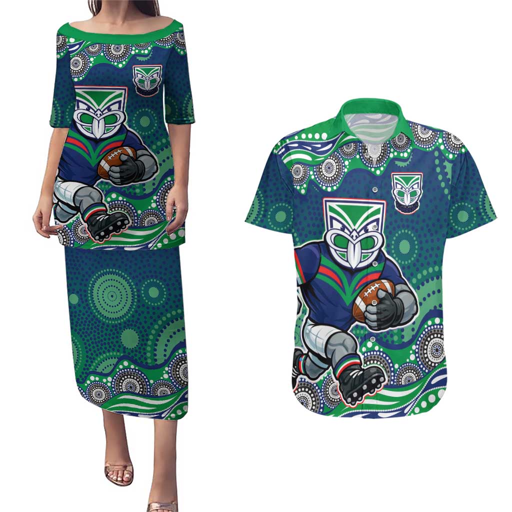 New Zealand Warriors Couples Matching Puletasi and Hawaiian Shirt Aboriginal Dot Pattern - Rugby Mascot Heritage Pride