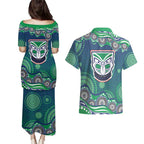 New Zealand Warriors Couples Matching Puletasi and Hawaiian Shirt Aboriginal Dot Pattern - Rugby Mascot Heritage Pride
