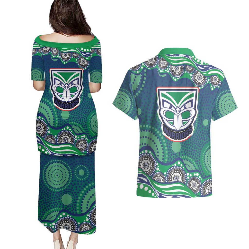 New Zealand Warriors Couples Matching Puletasi and Hawaiian Shirt Aboriginal Dot Pattern - Rugby Mascot Heritage Pride
