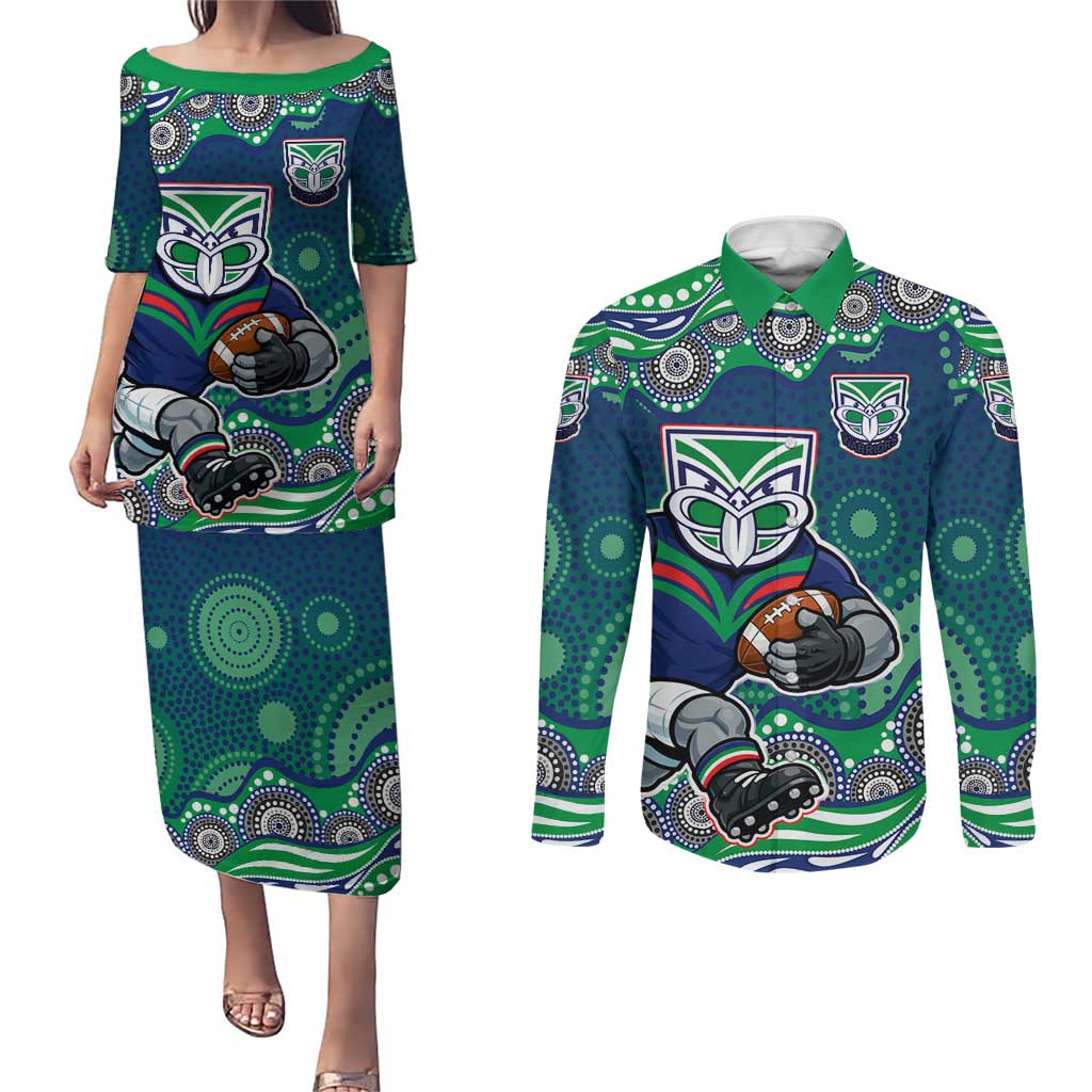 New Zealand Warriors Couples Matching Puletasi and Long Sleeve Button Shirt Aboriginal Dot Pattern - Rugby Mascot Heritage Pride