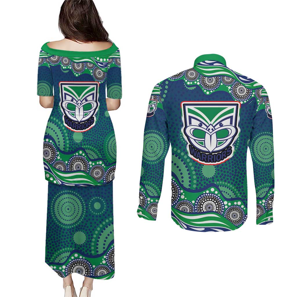 New Zealand Warriors Couples Matching Puletasi and Long Sleeve Button Shirt Aboriginal Dot Pattern - Rugby Mascot Heritage Pride