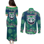 New Zealand Warriors Couples Matching Puletasi and Long Sleeve Button Shirt Aboriginal Dot Pattern - Rugby Mascot Heritage Pride