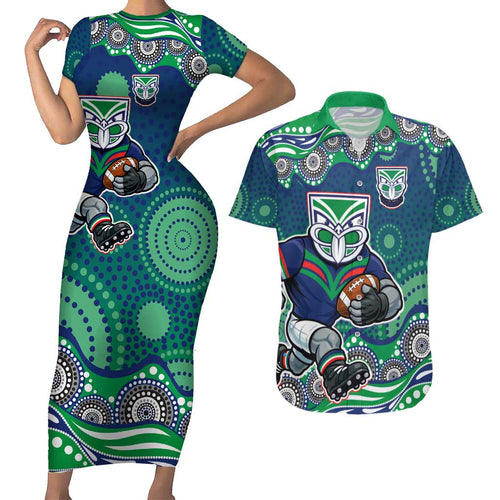 New Zealand Warriors Couples Matching Short Sleeve Bodycon Dress and Hawaiian Shirt Aboriginal Dot Pattern - Rugby Mascot Heritage Pride