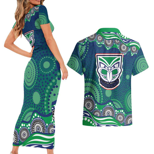 New Zealand Warriors Couples Matching Short Sleeve Bodycon Dress and Hawaiian Shirt Aboriginal Dot Pattern - Rugby Mascot Heritage Pride