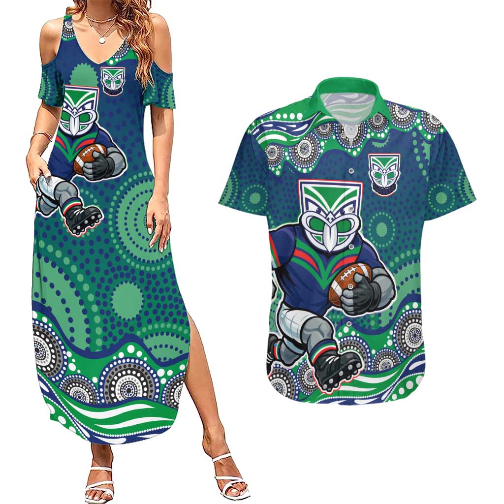 New Zealand Warriors Couples Matching Summer Maxi Dress and Hawaiian Shirt Aboriginal Dot Pattern - Rugby Mascot Heritage Pride