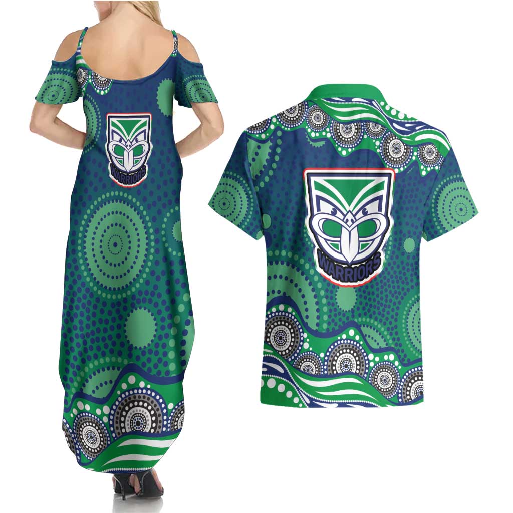 New Zealand Warriors Couples Matching Summer Maxi Dress and Hawaiian Shirt Aboriginal Dot Pattern - Rugby Mascot Heritage Pride