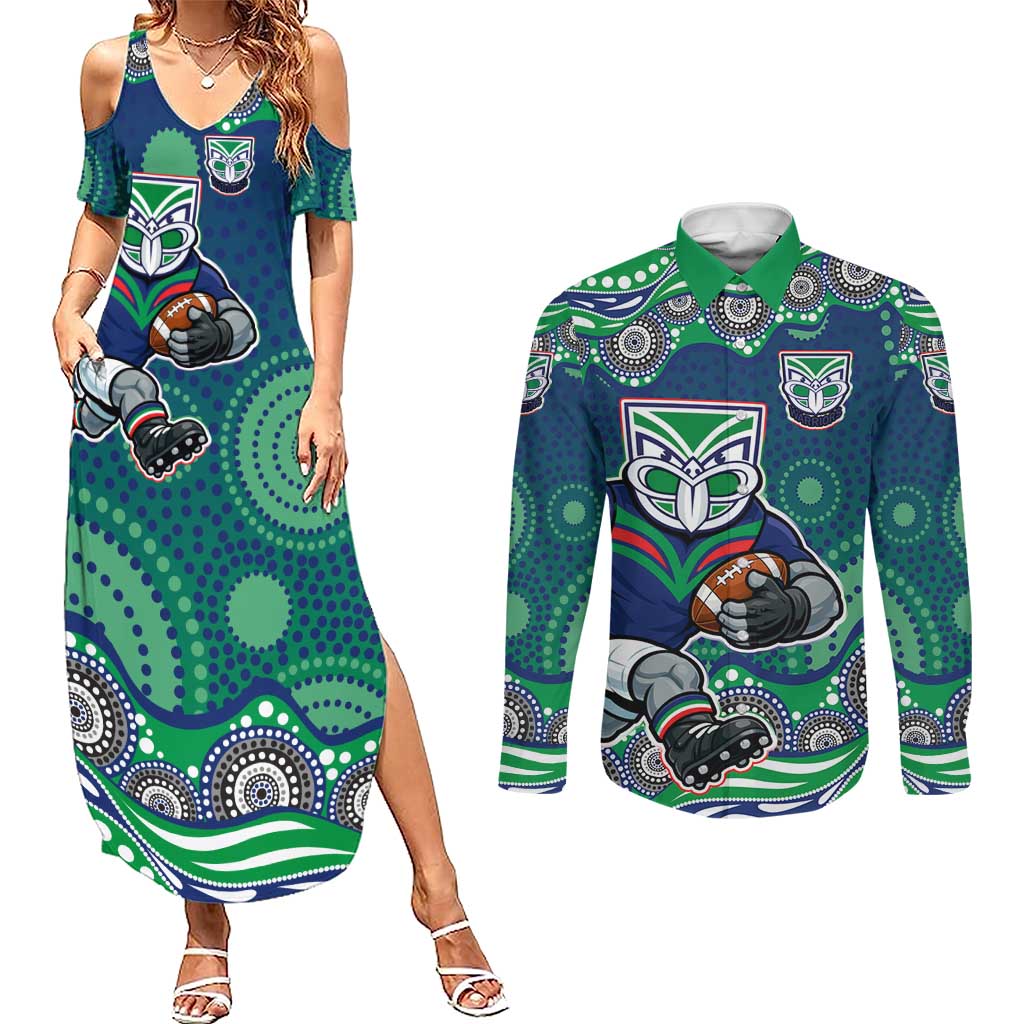 New Zealand Warriors Couples Matching Summer Maxi Dress and Long Sleeve Button Shirt Aboriginal Dot Pattern - Rugby Mascot Heritage Pride