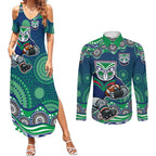 New Zealand Warriors Couples Matching Summer Maxi Dress and Long Sleeve Button Shirt Aboriginal Dot Pattern - Rugby Mascot Heritage Pride