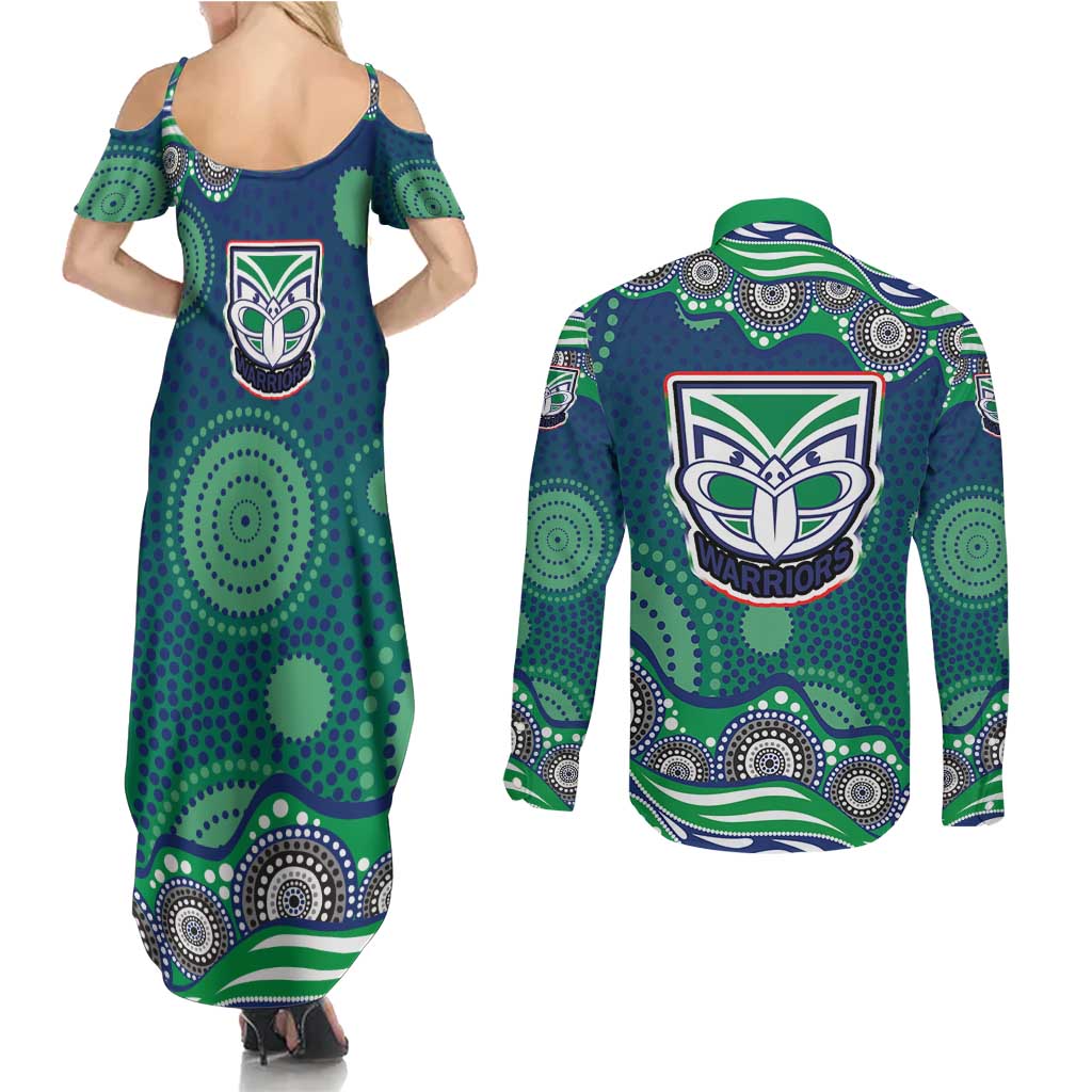 New Zealand Warriors Couples Matching Summer Maxi Dress and Long Sleeve Button Shirt Aboriginal Dot Pattern - Rugby Mascot Heritage Pride
