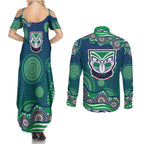 New Zealand Warriors Couples Matching Summer Maxi Dress and Long Sleeve Button Shirt Aboriginal Dot Pattern - Rugby Mascot Heritage Pride