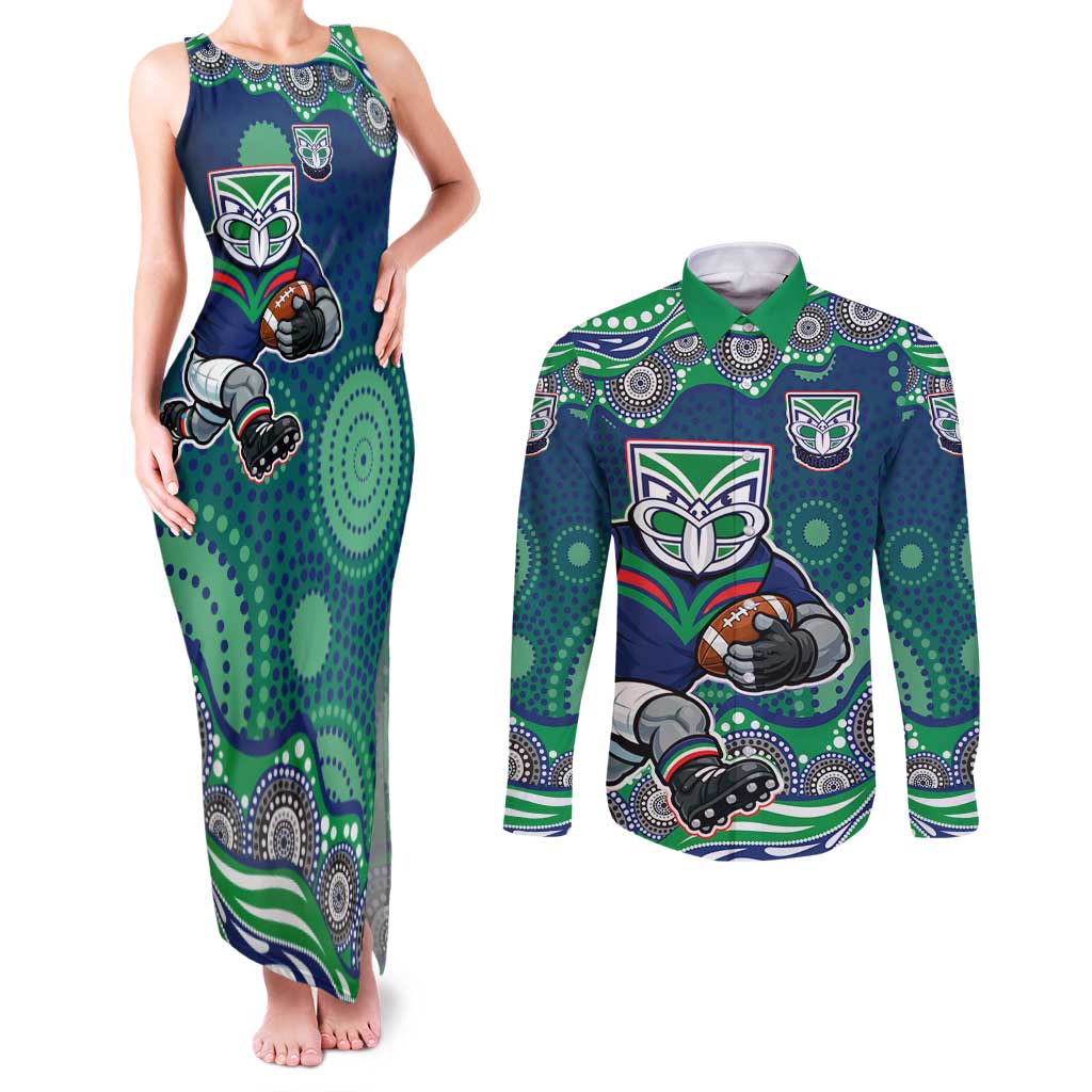 New Zealand Warriors Couples Matching Tank Maxi Dress and Long Sleeve Button Shirt Aboriginal Dot Pattern - Rugby Mascot Heritage Pride