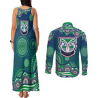 New Zealand Warriors Couples Matching Tank Maxi Dress and Long Sleeve Button Shirt Aboriginal Dot Pattern - Rugby Mascot Heritage Pride