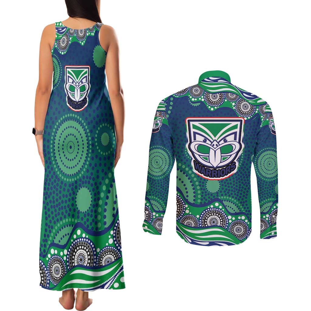 New Zealand Warriors Couples Matching Tank Maxi Dress and Long Sleeve Button Shirt Aboriginal Dot Pattern - Rugby Mascot Heritage Pride
