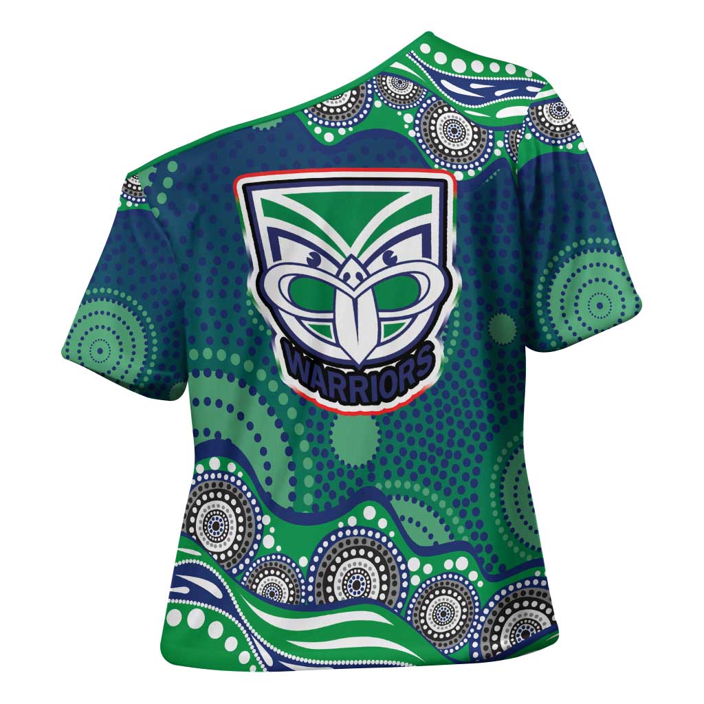 New Zealand Warriors Cross Shoulder Shirt Aboriginal Dot Pattern - Rugby Mascot Heritage Pride