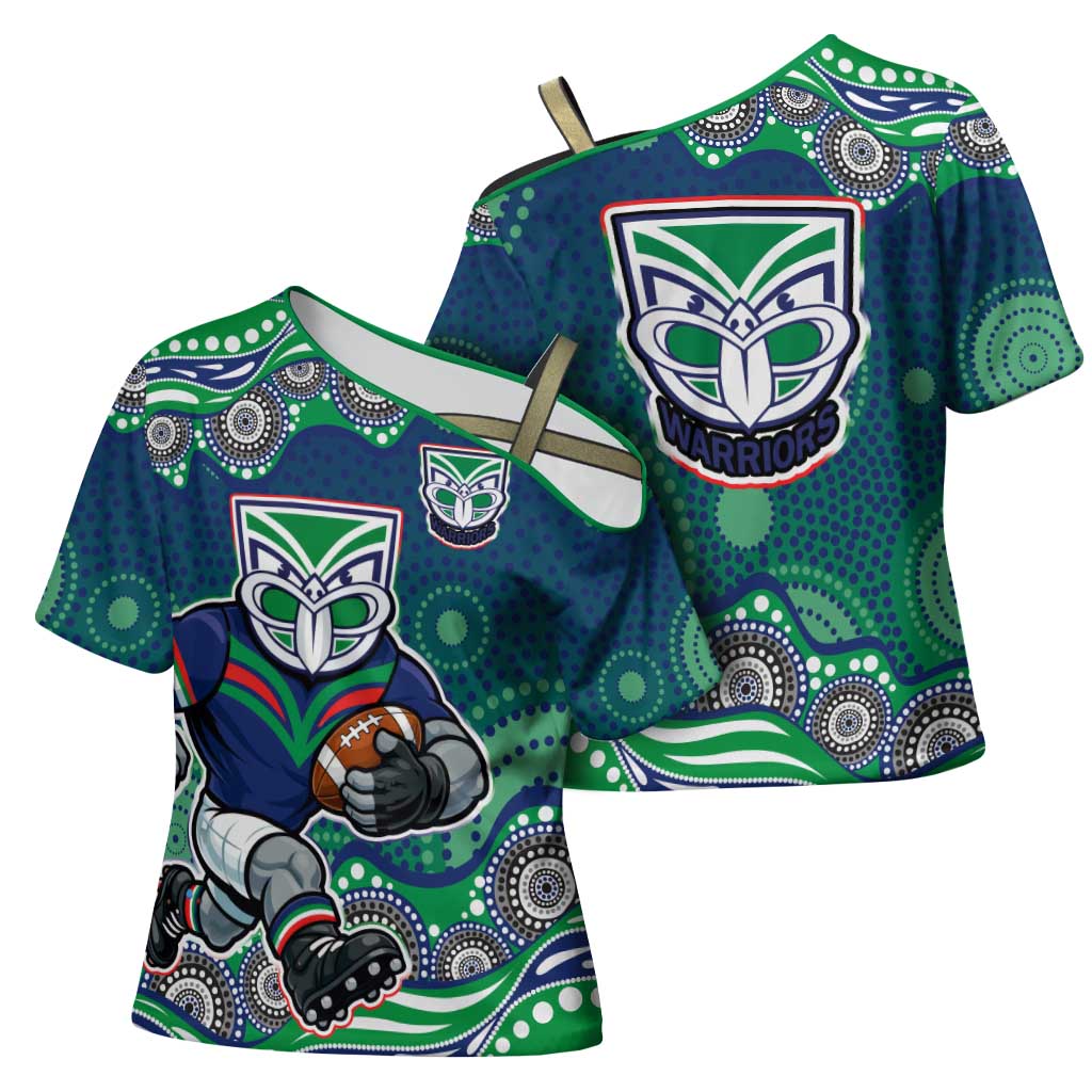 New Zealand Warriors Cross Shoulder Shirt Aboriginal Dot Pattern - Rugby Mascot Heritage Pride