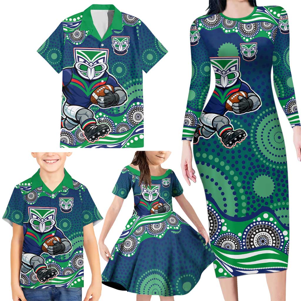 New Zealand Warriors Family Matching Long Sleeve Bodycon Dress and Hawaiian Shirt Aboriginal Dot Pattern - Rugby Mascot Heritage Pride